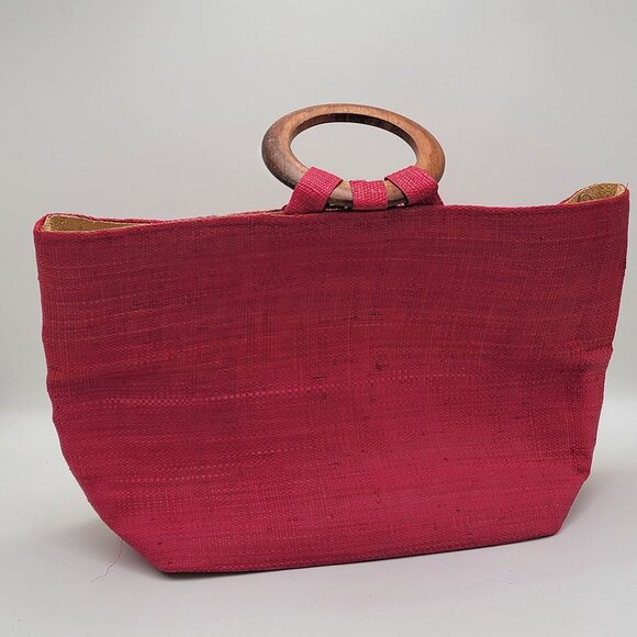 Natural Jute Tote Bag With Red Scallop Design & Wooden Ring Handles - Picture 4 of 16